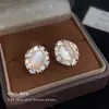 Brincos Ovais Geométricos de Vidro Estilo Francês com Pedra Olho de Gato e Cravejados Deslumbrantes de Micro Zircônias, Brincos de Luxo de Nicho de Alta Qualidade