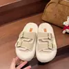 Chinelos Birkenstock Peludos com Solado Grosso Tendência Feminino 2026 Novidades Outono/Inverno Chinelos de Uma Tira com Fivela de Couro Chinelos de Algodão com Veludo para Uso Externo