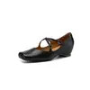 Zapatos de Mujer Franceses Retro de Ballet de Punta Cuadrada de Cuero Lavado con Tacón Oculto Primavera 2026 de Tacón Medio Cuña con Correa Cruzada de Cuero Genuino
