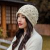 Gorro de ganchillo hecho a mano para mujer, otoño e invierno, cálido, suave, con flores, de lana de punto de doble capa.
