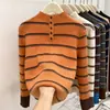 Top de Bloques de Color Estilo Europeo de Corte Relajado para Mujer, Jersey de Punto con Cuello Medio Alto, Rayas Chic de Manga Larga para Otoño e Invierno