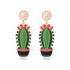 Pendientes largos de aleación con forma de gota de aceite y perlas de imitación de cactus, estilo europeo y americano, elegantes y con personalidad, con flores de esmalte para mujer.