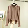 Camiseta con capucha de manga larga de modal para mujer, primavera, casual, talla grande, holgada, base para interiores, adelgazante, protector solar, top fino