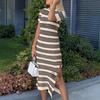 Vestido de punto de venta caliente en Amazon 2025, europeo y americano, primavera y verano, casual, longitud media, manga corta, con recortes, a rayas, con abertura lateral