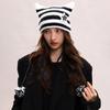 Yabifeng - Gorro de lana de punto con orejas de gato de cinco estrellas, hecho a mano, con diseño de demonio a rayas, cálido, para mujer