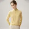 Suéter de tricô feminino simples de cashmere com gola alta parcial, abotoado, manga longa, modelagem justa, moderno, camada base versátil