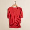 Suéter de Seda de Manga Curta com Decote V, Camiseta de Manga Meia-Manga Corte Reto em Mistura de Seda e Caxemira para Mulheres, Cor Sólida Macaron Estilo Fino