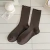 Calcetines de punto doble para mujer, color liso, de otoño e invierno, hasta la pantorrilla, con bordes rizados, perfectos para combinar con zapatos Mary Jane