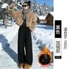 Calça de Veludo Cotelê Moda Marrom Feminina Outono Inverno 2026 Nova Com Pelúcia Cintura Alta Tricô Casual Perna Larga