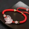 Pulsera Zorro de Cristal Rosa Cuerda Roja Tejida a Mano Cuerda de Mano Negra Pulsera de Piedra Hibisco Joyería para Novia