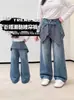 Jeans de Cuadros para Niña Otoño con Solapa Trasera 2026 Nuevo Estilo Coreano Sueltos Elegantes Casual Versátiles Pantalones Rectos para Niños