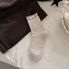 Meias de Ponto Bolinha Meia-Panturrilha para Mulheres, Meias de Algodão Melard Vintage Outono e Inverno, Meias Largas Estilo College com Borda Enrolada Estilo Coreano para Meninas