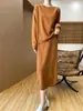 Novo Suéter de Malha Gola Redonda 100% Lã Outono e Inverno Feminino Solto Casual Saia Reta Suit de Caxemira