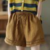 Shorts de Linho Largos Retrô para Mulheres Verão Fino Cintura Elástica Cadarço Recorte Renda Casual Algodão e Linho Calça Reta