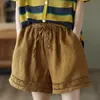 Shorts de Linho Largos Retrô para Mulheres, Estilo Fino de Verão, Cintura Elástica, Cadarço, Vazado, Calças Retas Casuais de Algodão e Linho