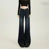 Jeans Flare Micro Azul Escuro Estilo Americano para Mulheres Nova Coleção Primavera e Outono Cintura Baixa Emagrecimento Esconde Defeitos Flare Versátil Bom Caimento Calça Longa