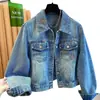 Jaqueta Jeans Curta Feminina 2026 Primavera/Outono Novo Estilo Coreano Solta Curta Bordada Crochê Vazada Jaqueta Top