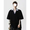 Camiseta Listrada Patchwork Falsa de Duas Peças Manga Curta Masculina Verão Nova Chegada Lapela Design Solto Senso de Design Meia Manga Camisa Polo Masculina