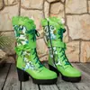 Botas de mujer de talla grande transfronterizas europeas y americanas, blancas con bordado floral colorido, botas de media pantorrilla, con cordones y tacones gruesos, estilo western