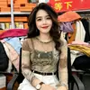 Comercio exterior transfronterizo otoño camiseta de malla estampada de manga larga para mujer de mediana edad y ancianos, top fino protector solar, elegante talla grande