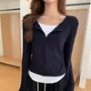 H401 En Stock Otoño Nuevo Estilo Cremallera Oculta Falso Dos Piezas Camiseta de Manga Larga para Mujer Casual Fruncido Camisa Base Superior