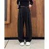 Pantalones anchos engrosados para otoño e invierno, de cintura alta, con cordón, corte holgado, efecto adelgazante, fluidos, casual, mezcla de lana gris, forrados de forro polar, pantalones de pierna curva