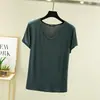 Blusa feminina gola V, camiseta básica, plus size, nova camiseta de verão de manga curta, modeladora, cor sólida, modal, estilo coreano, caimento solto