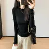 Súper cómoda~ Camiseta de Tencel con lana elástica, cintura fruncida plisada, top base de lana para mujer, nuevo Otoño 2026 031