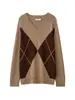 Colección de otoño para mujer transfronteriza: Estilo europeo y americano, moderno, corte holgado, suéter de punto con patrón de rombos retro 2893148