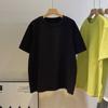Camiseta holgada de algodón de color liso con cuello redondo interior minimalista, estilo coreano, de manga corta, para mujer