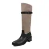 Botas de montar de cuero de vaca lavado de primera capa + tela con bloques de color, botas largas de caña alta para mujer, puntera redonda, tacón de grosor medio, botas por encima de la rodilla para mujer