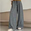 Pantalones Casuales Rayados con Cordón Caídos para Mujer Otoño Versátil Sueltos Adelgazantes de Pierna Ancha