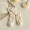 Calcetines de Coral Fleece de Caña Media para Otoño e Invierno, Forrados de Felpa, Espesos, Cálidos, para Mujer, Color Liso, Lazo Pequeño, Calcetines de Luna para Dormir