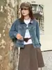 Jaqueta jeans casual estilo retrô com gola patchwork para mulheres, nova coleção de outono 2026, top jaqueta curto moderno e versátil