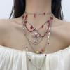 Collar con Cadena de Cristal Rojo de Nicho Europeo y Americano Colgante de Borla de Gota de Agua Multicapa Cadena de Lana de Moda Personalizada Cadena para Mujer