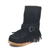 Em Estoque Wish43 Tamanho Grande 2025 Inverno Novo Estilo Fivela de Cinto Franja Sola Reta Botas Europeias e Americanas de Cano Médio para Mulheres