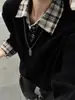 Estilo Old Money Patrón Espiga de Trigo Sudadera con Capucha Polo Falso de Dos Piezas para Hombre Otoño Diseño de Patchwork a Cuadros Camiseta de Punto de Manga Larga