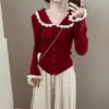 Cardigan Ladylike com Gola de Renda Elegante e Sofisticado Outono 2025 Novo Estilo Coreano Versátil Emagrecedor Tricô Casual para Mulheres
