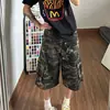 Jeans de trabajo retro camuflaje americano cortos para mujer, shorts de verano de longitud media rectos de pierna ancha con bolsillos