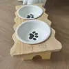 Comedero de cerámica para gatos con marco de madera protector de cuello transfronterizo, antivuelco, apertura inclinada para comer, cuenco de doble propósito para que los gatos beban y coman
