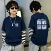 Camiseta de algodón de manga larga estampada para niños, moderna y sencilla, camiseta básica de retazos a rayas estilo coreano, top de imitación de dos piezas, estilo ins