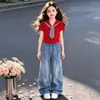 Nuevo Estilo Niños Tendencia Fútbol Manga Corta Jeans Ropa Marca de Moda Comercio Exterior Ropa Infantil Niños Conjunto de Verano