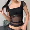 Moda de Rua Retro Americana Slim Sexy Transparente Cor Sólida Gola Quadrada Franzido Manga Curta Verão Camiseta Picante para Meninas