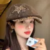 Chapéu de Boina Estrela Estampa de Leopardo Retro Feminino Novo Estilo Outono Início Moda Versátil Emagrecimento Facial Chapéu de Boina Chapéu de Boina de Jovem Quente
