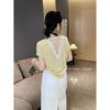Camiseta de Verano para Mujer con Encaje Coreano Dongdaemun en la Espalda, Empalme, Espalda Descubierta, Holgada, Manga Corta