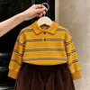 Roupa Infantil Coreana 26 Novidades de Outono Unissex Laranja Amarelo Listrado Gola Polo Suéter Tricô Veludo Calça Média
