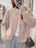 Nova moda outono e inverno, jaqueta suéter de cor sólida com gola redonda e modelagem solta, cardigã curto com design exclusivo, blusa feminina de manga longa