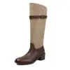 Botas de montar de cuero de vaca lavado de primera capa + tela con bloques de color, botas largas de caña alta para mujer, puntera redonda, tacón de grosor medio, botas por encima de la rodilla para mujer