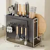 Suporte para facas e prateleira de armazenamento, porta-utensílios de cozinha multifuncional, tábua de corte integrada, suporte magnético para facas, suporte para tábua de corte de bancada para facas de cozinha