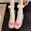 Botas Algodão Branco Renda Vazada Laço Meias Empilhadas Femininas Verão Finas Lolita Ballet Renda Cano Médio
